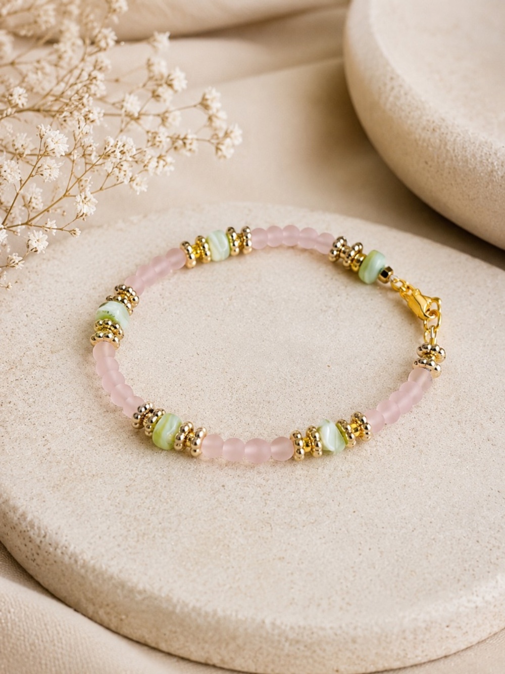 Green Jade Natural Stone Bracelet- Pastel Pink and Green Jewelry Gold Handmade